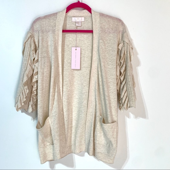 Rachel Parcell Ruffle Sleeve Open Front Cardigan with Pockets XS Oatmeal Beige - Picture 1 of 9